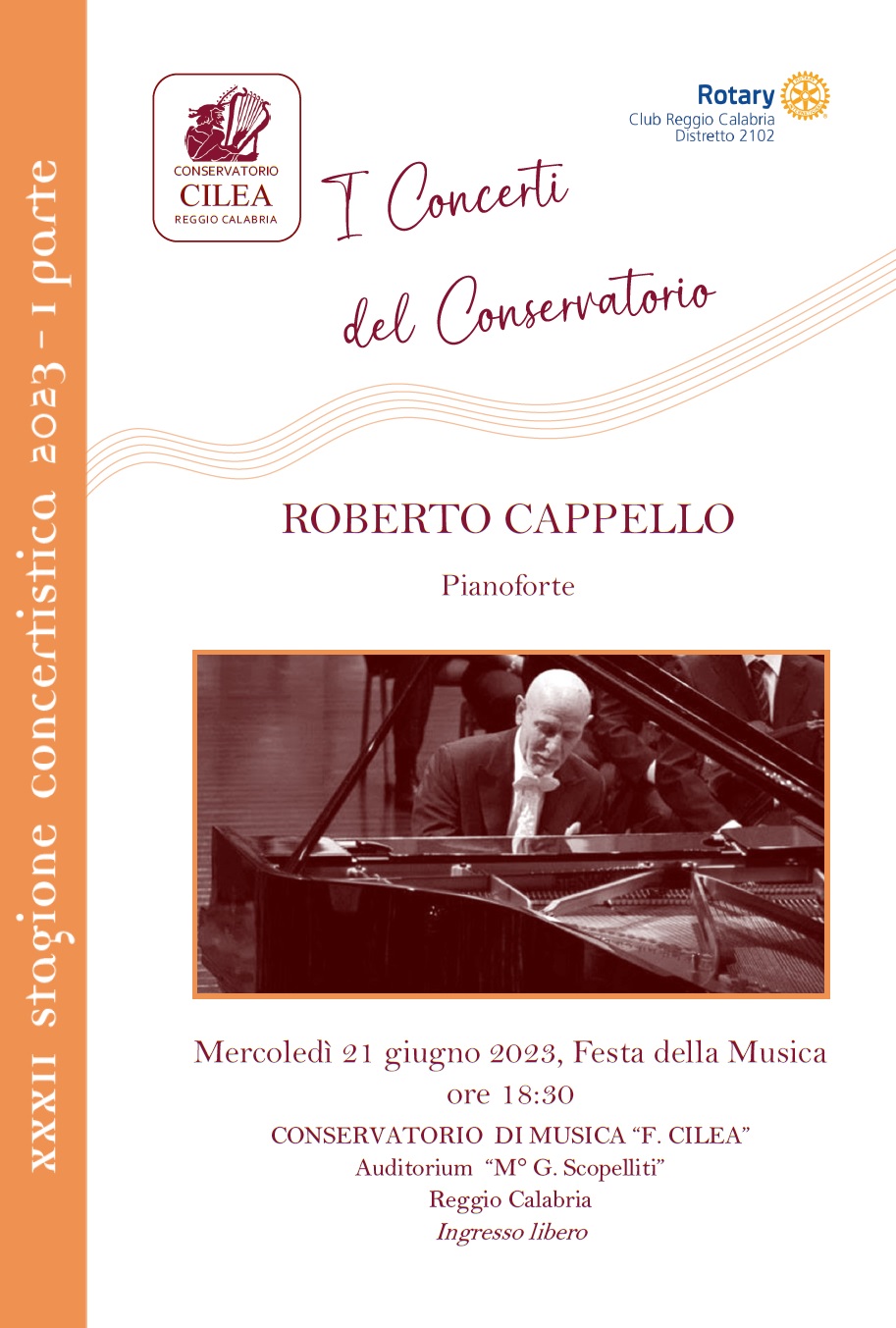 Concerto per la Festa della musica 2023- Roberto Cappello, pianoforte - 21 giugno 2023 ore 18.30 Conservatorio F. Cilea Reggio Calabria
