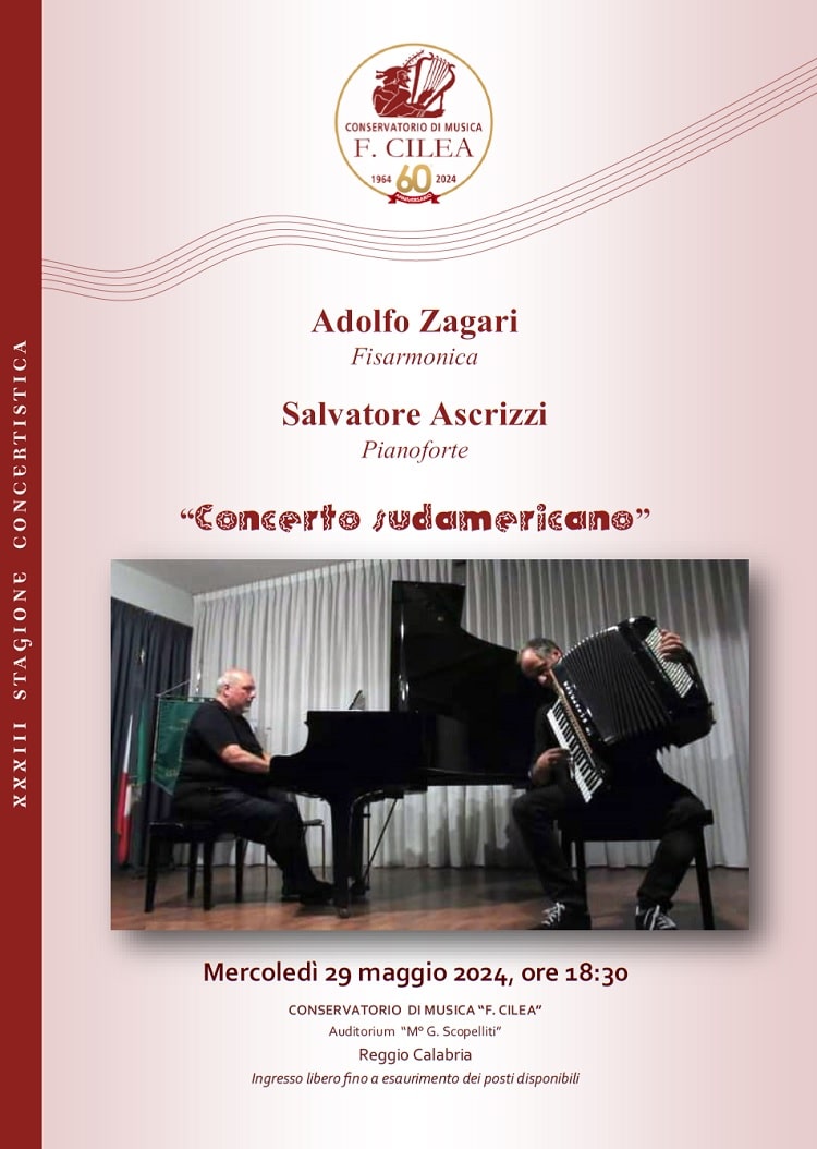 "Concerto brasiliano": Adolfo ZAGARI - Salvatore ASCRIZZI, fisarmonica e pianoforte - 29 maggio 2024 ore 18:30, Auditorium del Conservatorio