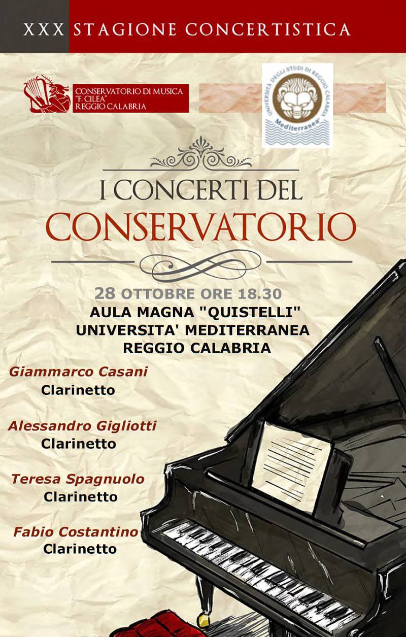 XXX Stagione Concertistica: Quartetto CASANI-GIGLIOTTI-SPAGNUOLO-COSTANTINO, clarinetti. 28 ottobre 2021, ore 18:30 - Aula Magna Università Mediterranea (RC)