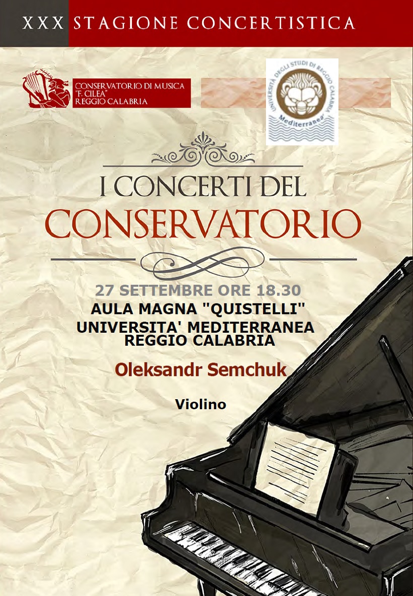 Concerto Oleksandr Semchuk violino 27 settembre 2021 ore 18:30 Aula Magna Università Mediterranea Reggio Calabria