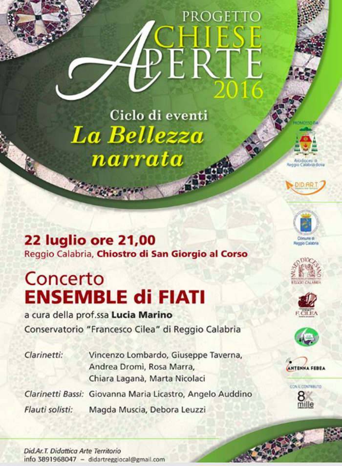 chiese_aperte_concerto_22-7-2016 Ensemble di fiati del Conservatorio Cilea ore 21 Chiostro di San Giorgio al Corso