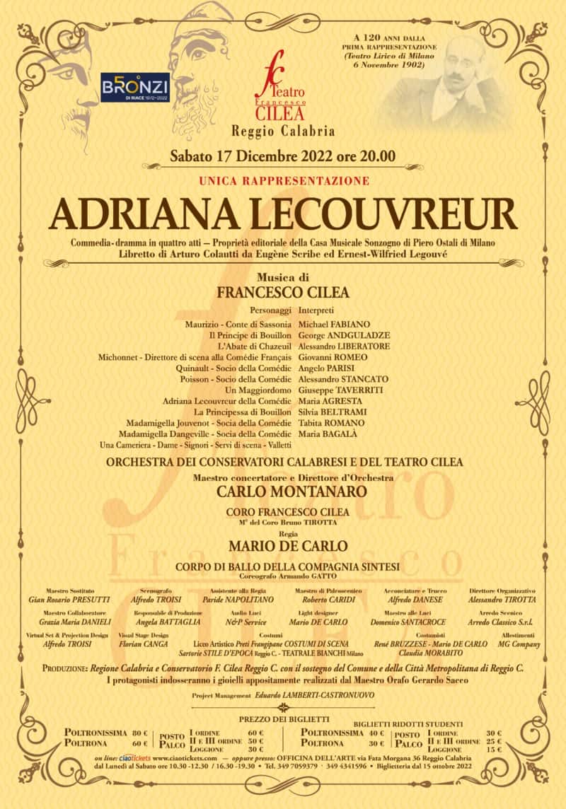 Adriana Lecouvreur 17-12-2022 ore 20 Teatro Cilea Reggio Calabria - Coproduzione Regione Calabria -Conservatorio Cilea