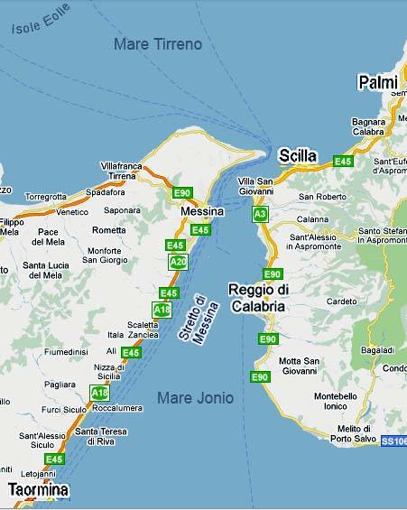 Cartina geografica dello Stretto di Messina